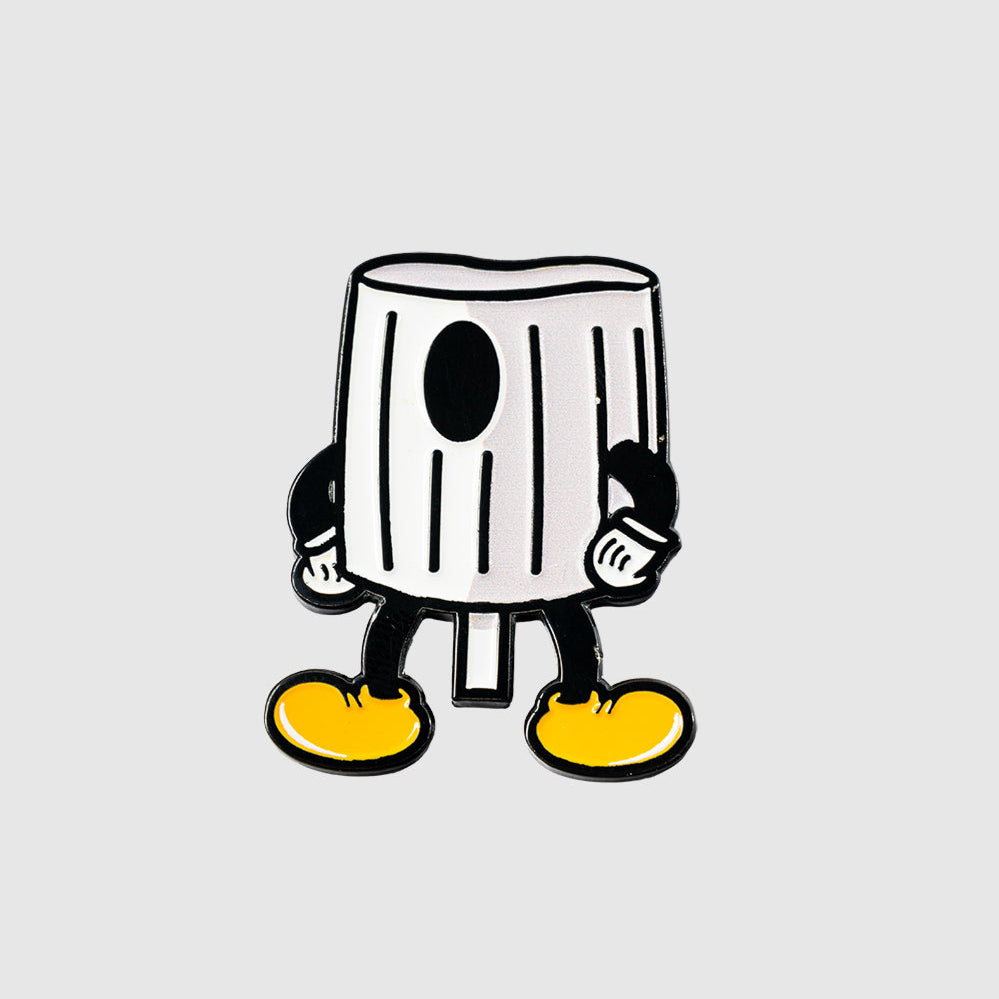 Introducing the Fat Cap Ball Marker by Guerrilla Golf: a cartoon-style character with a trash can body, black arms and legs, white gloves, and oversized yellow shoes, set against a plain gray backdrop—an energetic tribute to graffiti culture inspired by classic NY fat style.