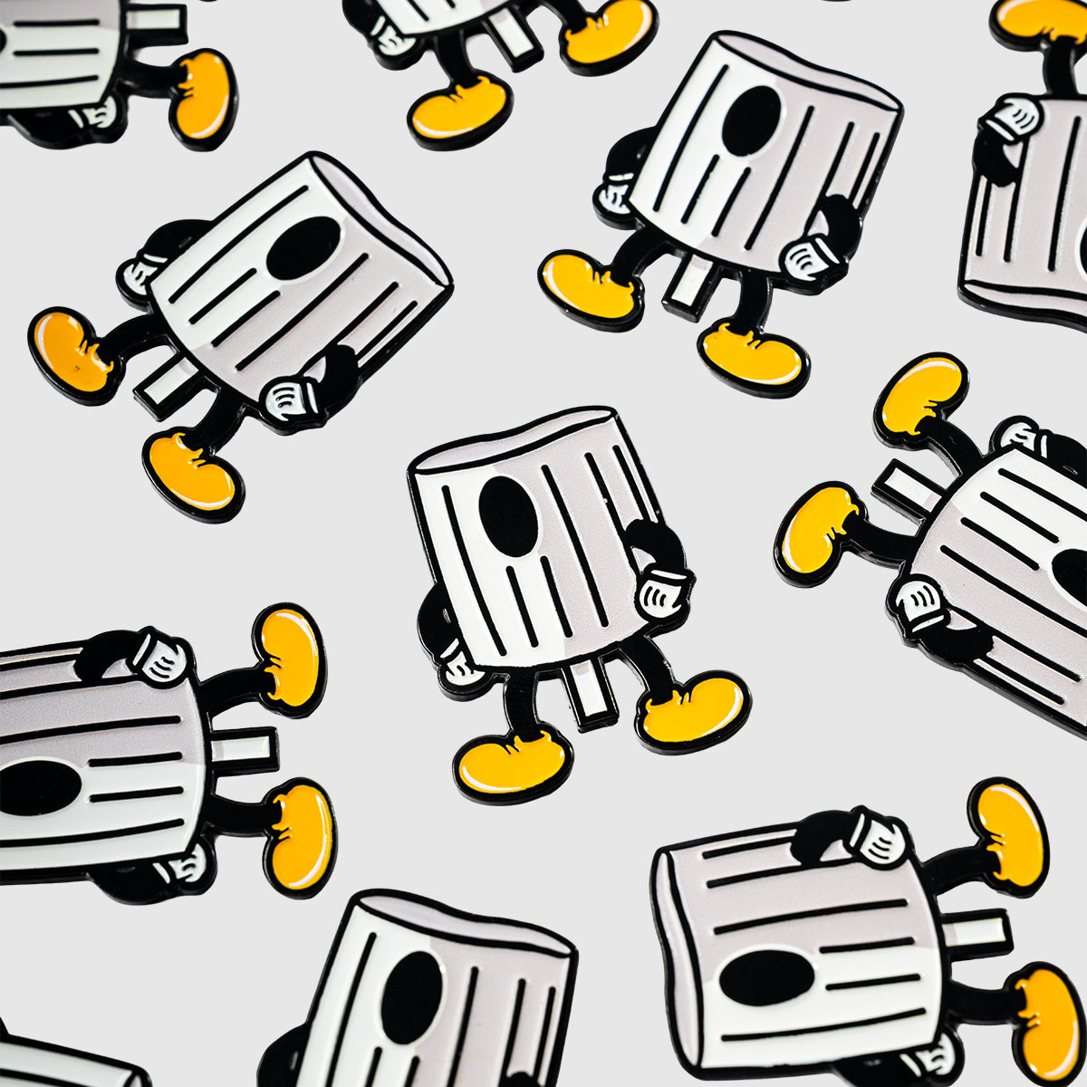 Fat Cap Ball Markers by Guerrilla Golf are illustrated in a repeating pattern on a white background, with each marker depicted as a cartoon character featuring arms, legs, and yellow shoes, enhanced with playful NY fat graffiti details for an added urban edge.