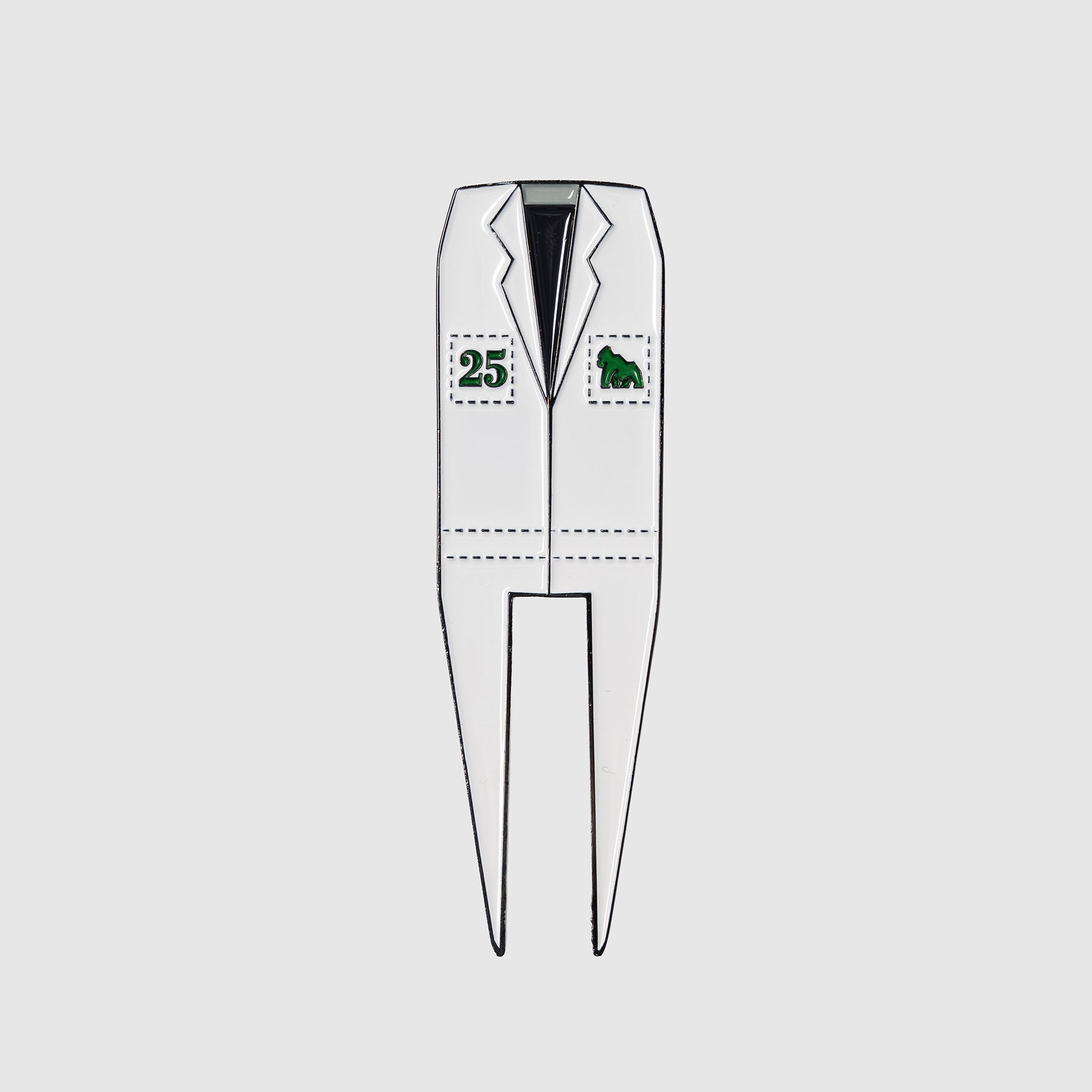 A playful Caddy divot tool by Guerrilla Golf, designed to resemble a white lab coat, features a green number 25 and a small green dinosaur on the chest pockets, making it a unique golf accessory, displayed against a plain gray background.