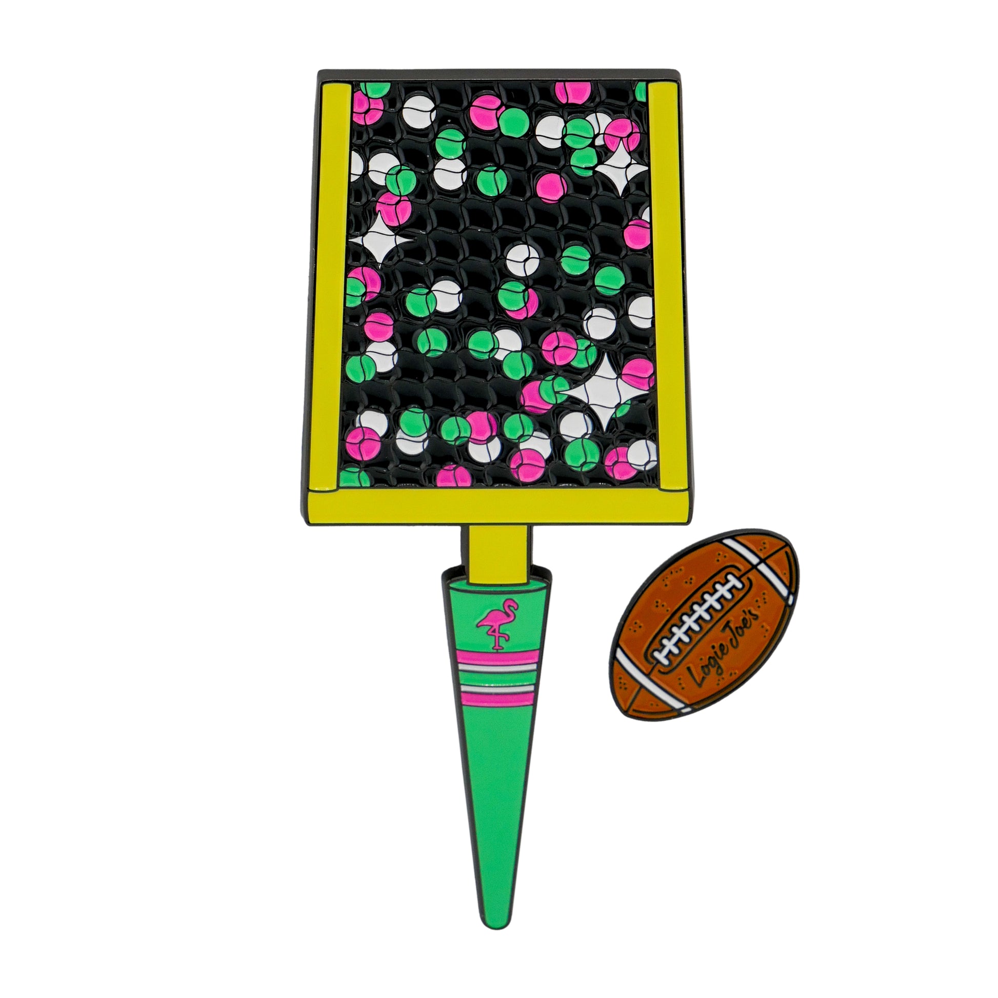 Logie Joe's Golf Field Goal Divot Tool comes with a removable football ball marker labeled "Flag Football," featuring a colorful honeycomb pattern, pink, green, white, and black dots, and a small flamingo.