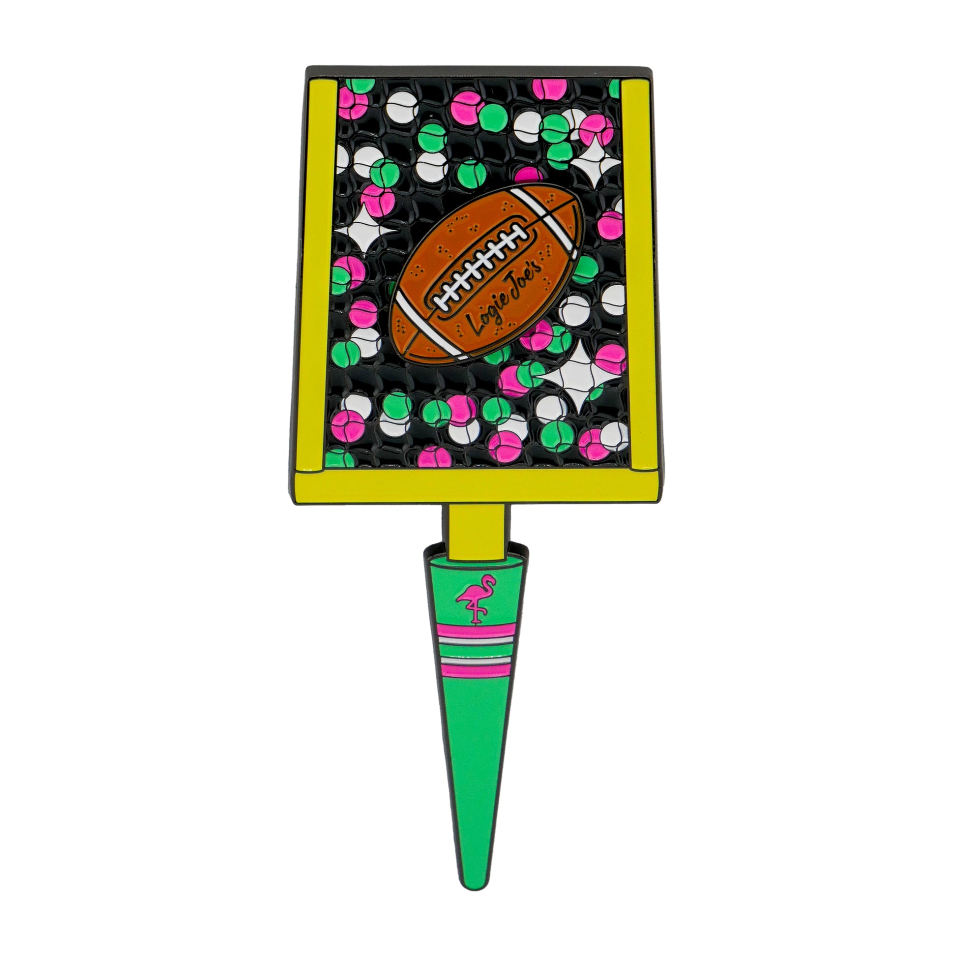 The Logie Joe's Golf Field Goal Divot Tool features a removable football ball marker at the center, surrounded by colorful beads, with a green handle adorned with a pink flamingo and stripe—perfect for unique course style.