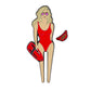 Illustration of a woman with long blonde hair in pink sunglasses and a red swimsuit holding a rescue float. To her right are a small red fanny pack and the Ballmarkers.com Life Guard Divot Tool golf accessory set.