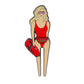 Illustration of a lifeguard with long blonde hair in a red swimsuit and pink sunglasses, holding a rescue float and the Ballmarkers.com Life Guard Divot Tool, set against a plain white background.