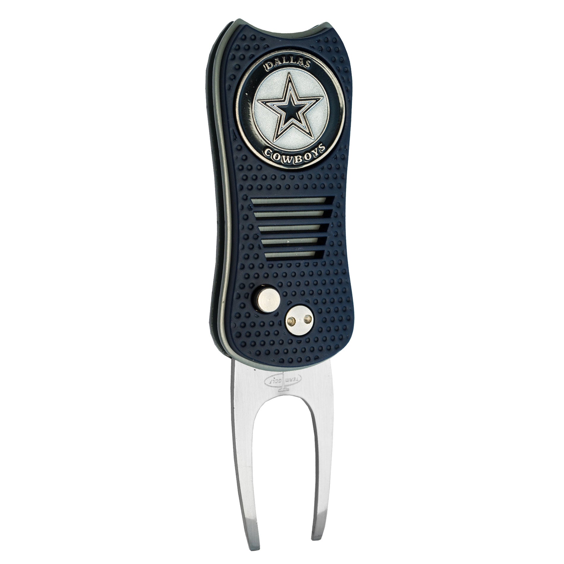 The NFL Switchfix Divot Tool with Ball Marker features a Dallas Cowboys star logo, textured grip, foldable prongs, and magnetic ball marker for convenience.