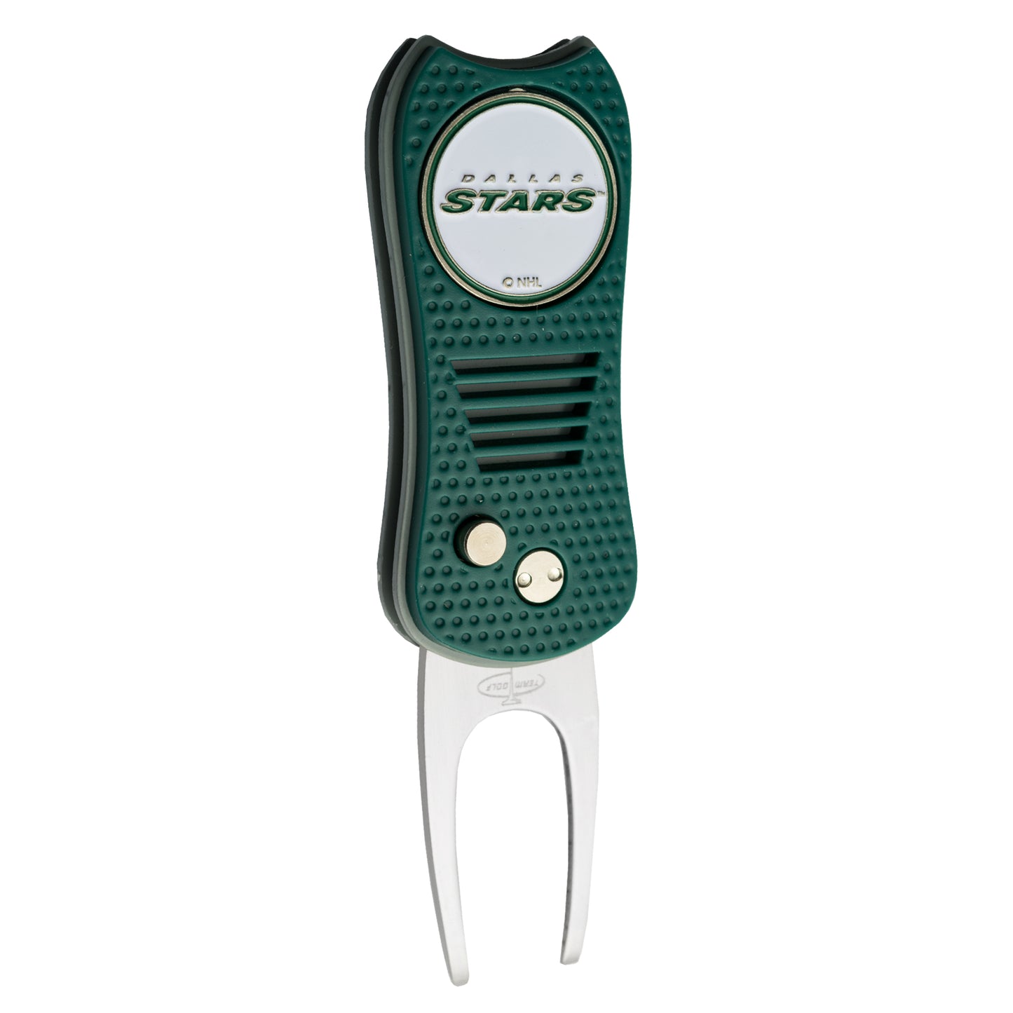The Ballmarkers.com NHL Switchfix Divot Tool with Ball Marker showcases a green and black Dallas Stars logo, switchblade mechanism, textured grip, dual metal prongs, two front buttons, and a magnetic ball marker for convenience.
