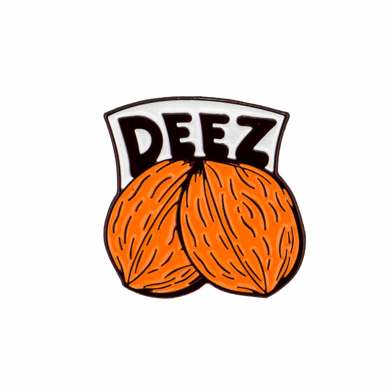 Illustration of two brown walnuts with "DEEZ" in bold black letters above them on a white background, perfect for fans of custom golf divot tools and ball markers from Ballmarkers.com’s “Deez Nuts” collection.