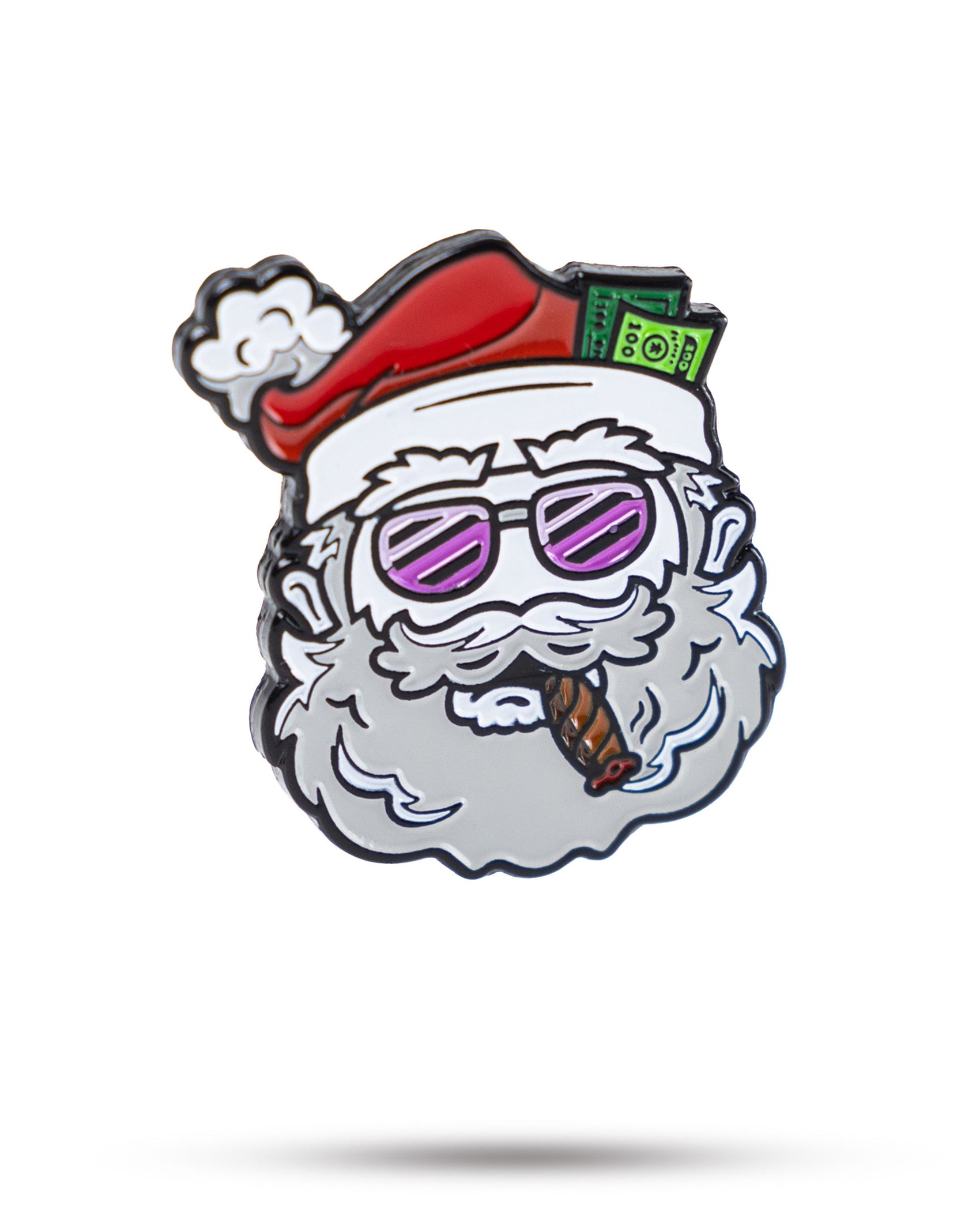 Santa the Degenerate Ball Marker by Pins and Aces features a cartoon Santa head with pink sunglasses, a red hat with money, and a cigar. Great as a quirky Christmas golf accessory or Santa golf ball marker. White background with shadow below.