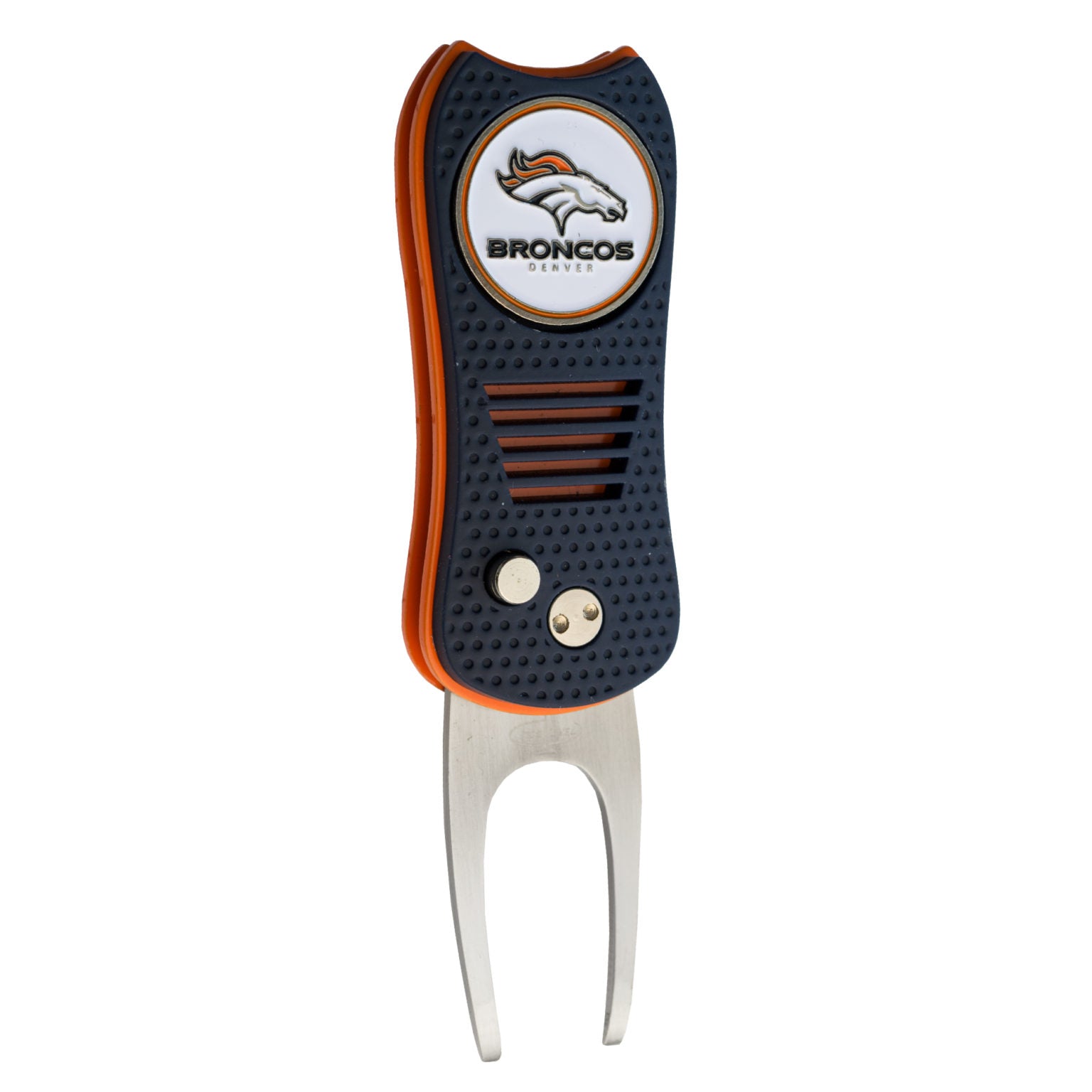 The NFL Switchfix Divot Tool with Ball Marker by NFL features a blue, orange, and silver Denver Broncos design with their logo on top, two metal prongs, and a magnetic ball marker for added convenience.