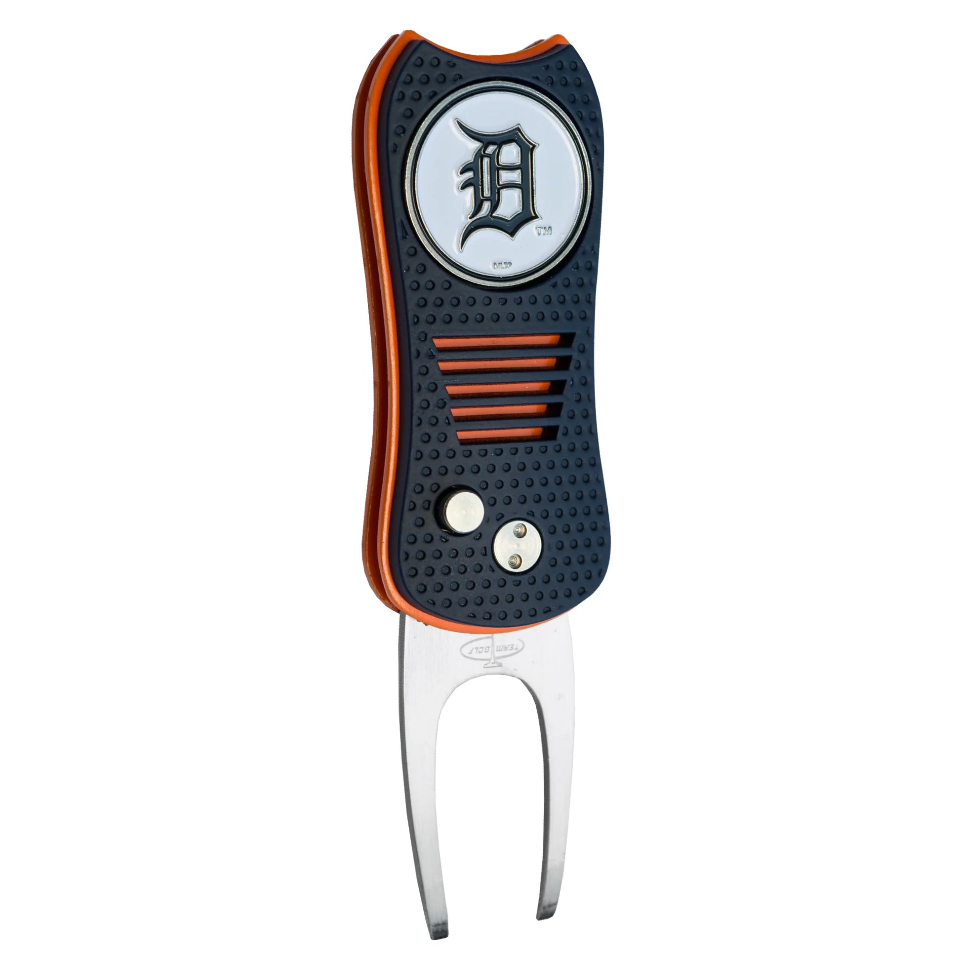The MLB Switchfix Divot Tool with Ball Marker by MLB features a black and orange grip, Detroit Tigers logo on a round plate, and includes a magnetic ball marker. Part of the MLB Team Switchfix Divot Tools collection.