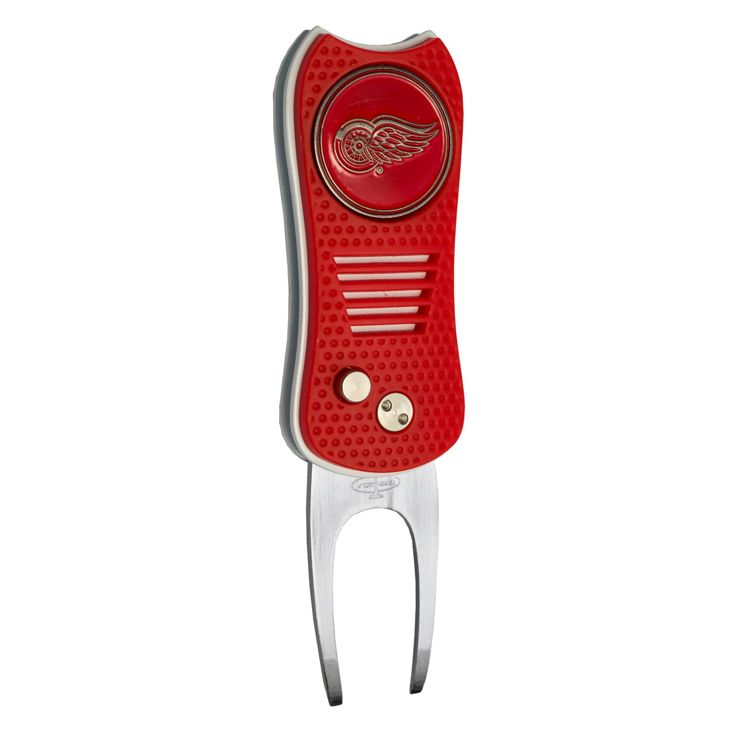The Ballmarkers.com NHL Switchfix Divot Tool with Ball Marker features a Detroit Red Wings logo, red body, switchblade mechanism, textured grip, horizontal grooves, and two metal buttons above stainless steel prongs. Includes a magnetic ball marker.