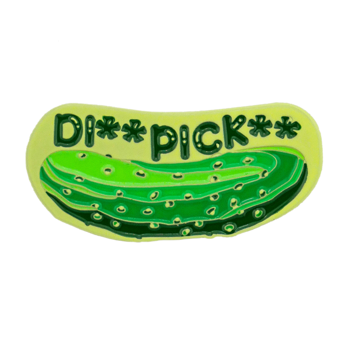 The Dill Pickle Ball Marker from Logie Joe's Golf features a quirky cartoon pickle and "D*P*CK" text on a light yellow-green background—ideal for golf fans who love fun accessories and a bit of locker room humor.