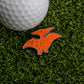 A white golf ball and the Ballmarkers.com Pterodactyl Dinosaur Nugget Ball Marker sit on green artificial grass, bringing playful charm to your golf accessories.