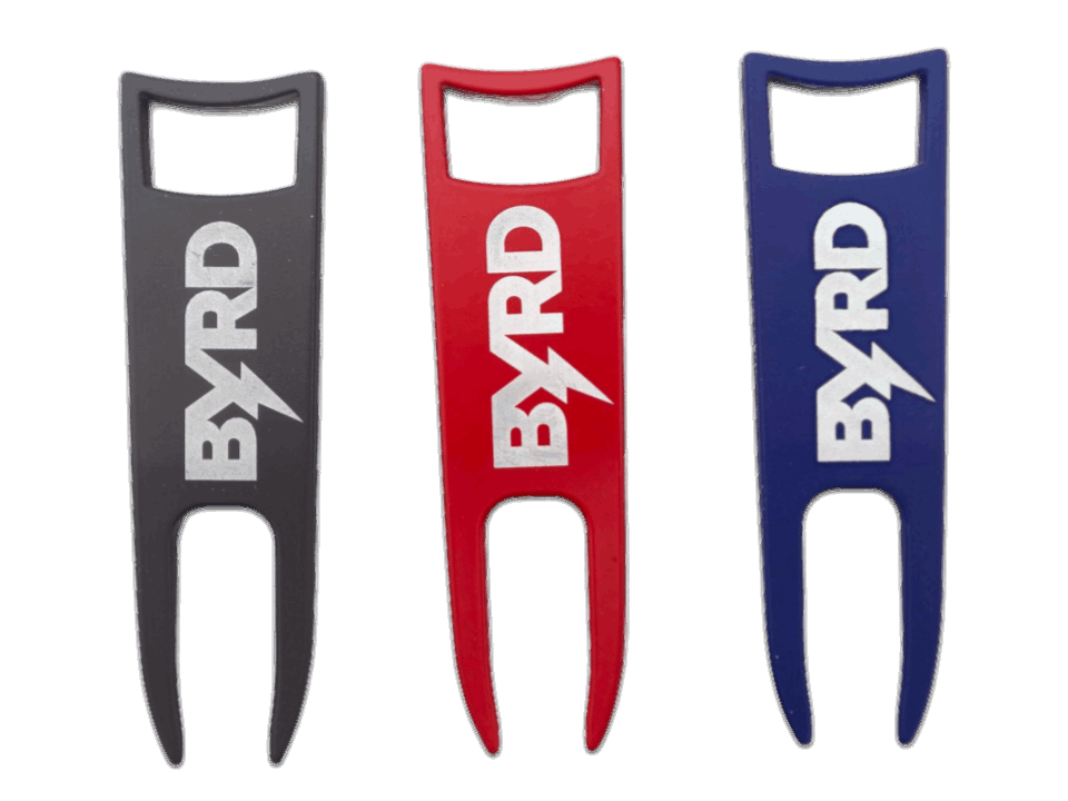 The BYRD DIVOT TOOL - El Diablo by The Byrd, LLC includes three metal divot tools in black, red, and blue with a lightning bolt BYRD logo—stylish golf accessories that also serve as ball alignment tools.