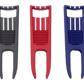 The BYRD DIVOT TOOL - El Diablo by The Byrd, LLC in black, red, and blue features vertical white stripes at the top and horizontal center ridges—ideal as a golf accessory or ball alignment tool—displayed side by side on a white background.