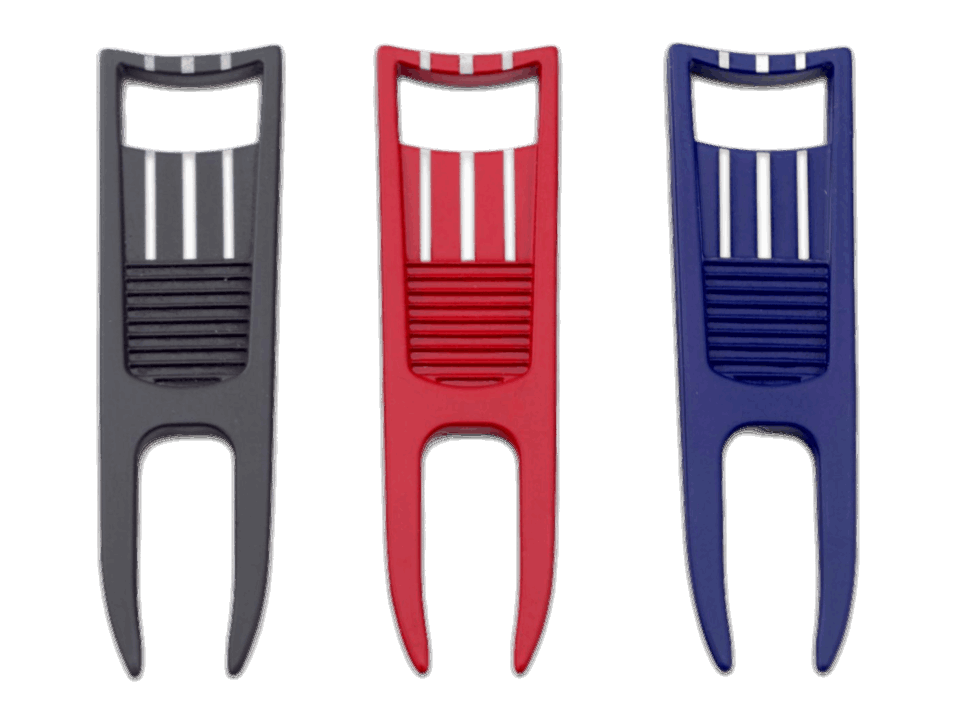 The BYRD DIVOT TOOL - El Diablo by The Byrd, LLC in black, red, and blue features vertical white stripes at the top and horizontal center ridges—ideal as a golf accessory or ball alignment tool—displayed side by side on a white background.