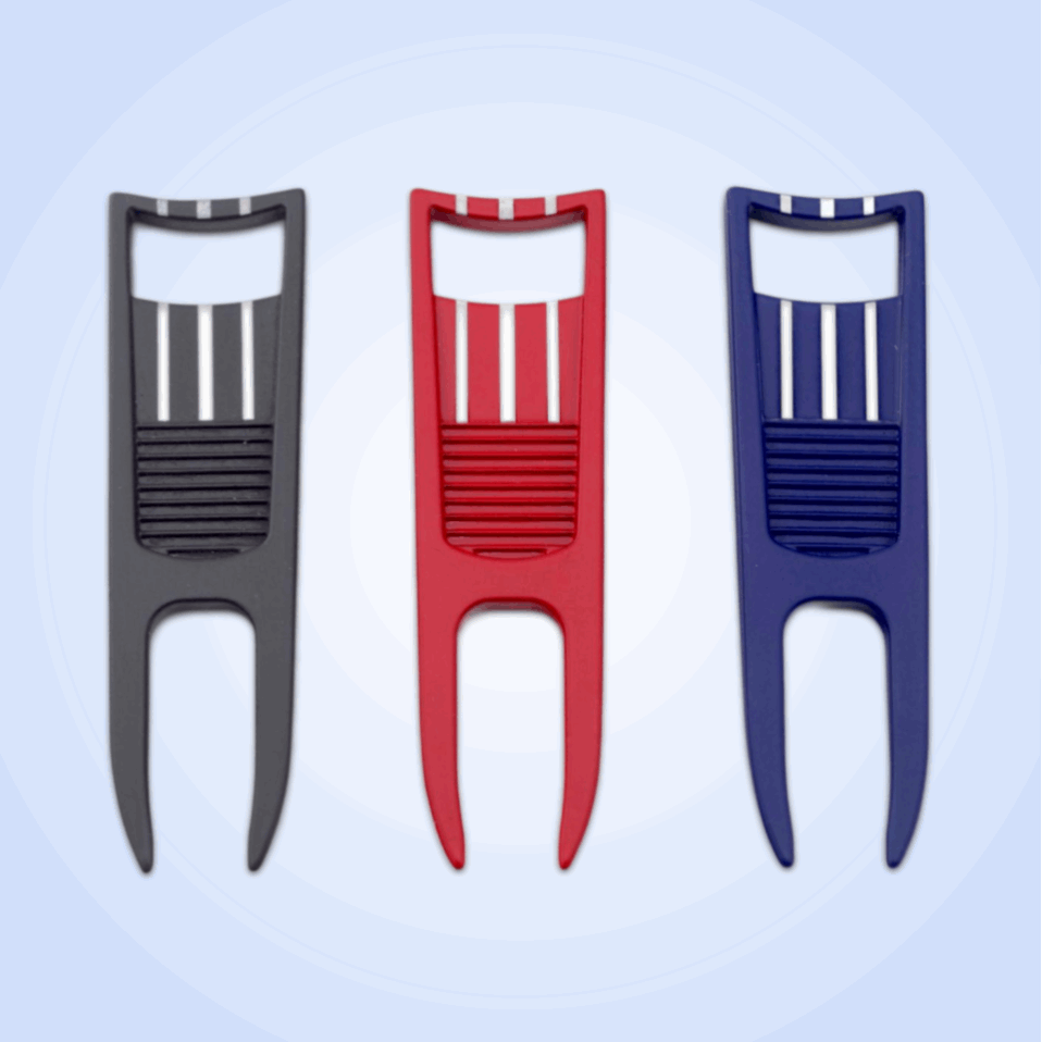 Three BYRD DIVOT TOOL - El Diablo by The Byrd, LLC in black, red, and blue with striped tops and ribbed grips are displayed side by side on a light blue background—an essential golf accessory for every player.