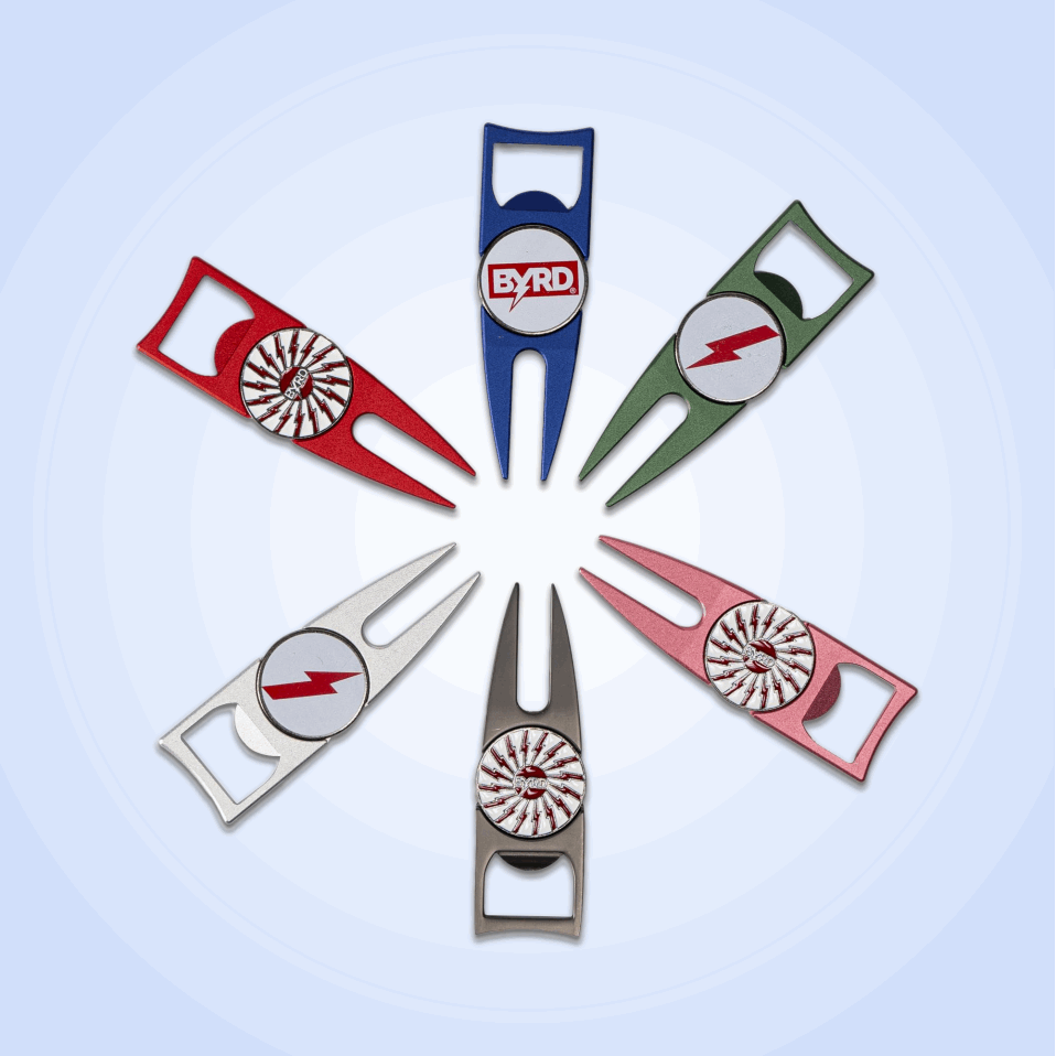 Six The Byrd, LLC BYRD DIVOT TOOL - 4 in 1 tools in red, blue, green, pink, and silver form a circle on a light blue background; each displays a lightning bolt or circle design and doubles as a ball marker holder for convenience.