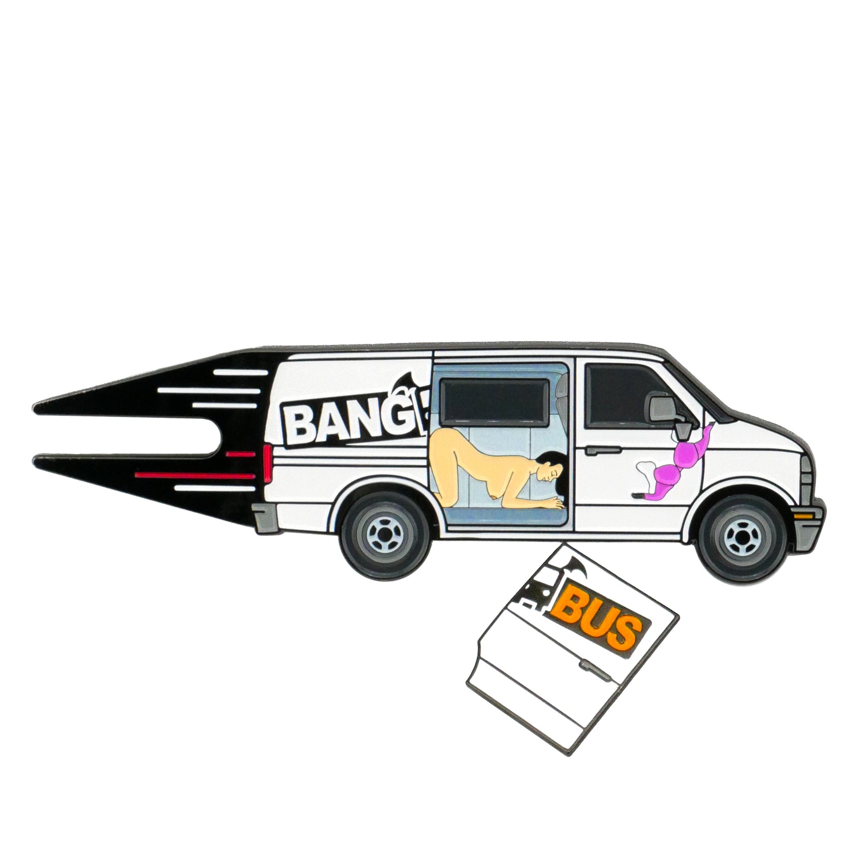 The Bang Bus Divot Tool by Logie Joe's Golf features a cartoon van with "BANG" on the side, a person visible through the window, and a removable panel labeled BUS holding personalized golf accessories like divot tools and ball markers.