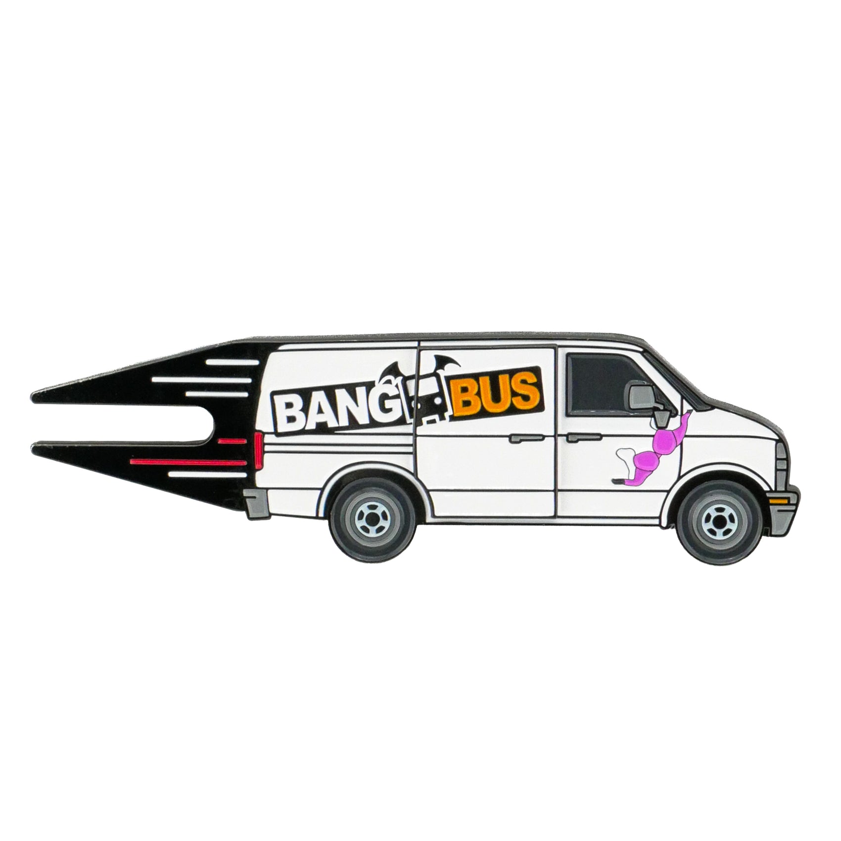 A cartoon white van labeled BANG BUS with bold black and orange text, pink art, and speed lines—just like Logie Joe's Golf’s Bang Bus Divot Tool for golfers who want unique style on the course.