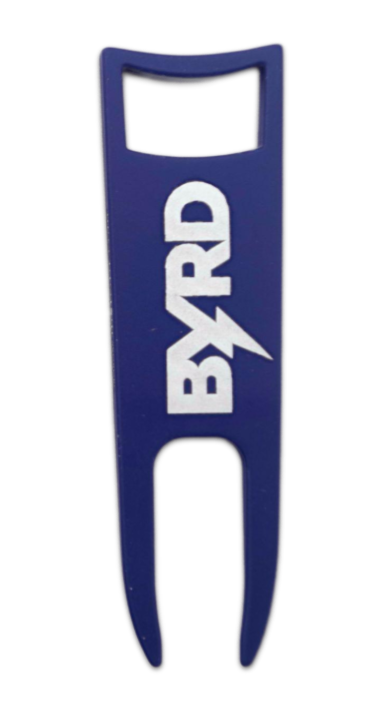 The BYRD DIVOT TOOL - El Diablo by The Byrd, LLC is a blue metal golf accessory displaying "BYRD" in white capitals with a lightning bolt Y, shown vertically at the center.