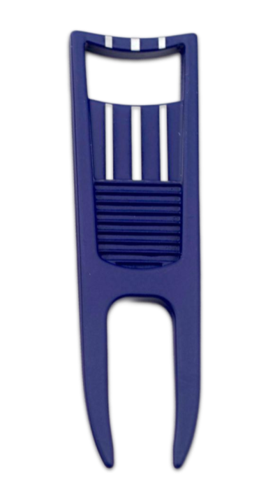 The BYRD DIVOT TOOL - El Diablo by The Byrd, LLC is a blue plastic golf accessory with parallel grooves, a rectangular top, and white stripes. It doubles as a ball alignment tool for precision on the green.
