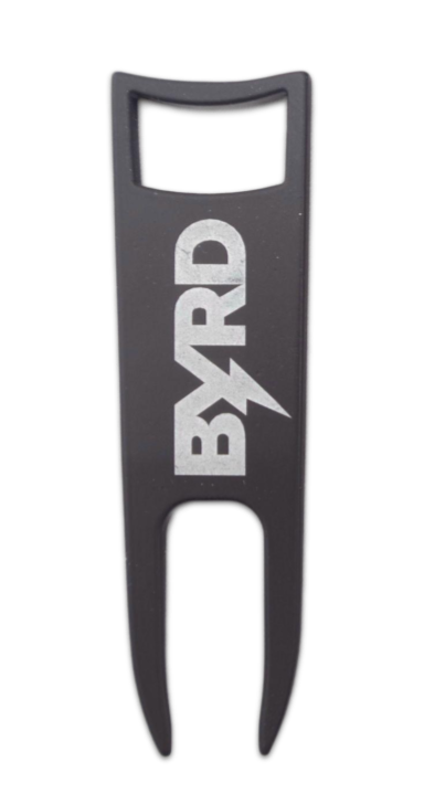 The BYRD DIVOT TOOL - El Diablo by The Byrd, LLC is a black metal two-prong divot tool with "BYRD" in white and a lightning bolt through the Y—perfect for keeping greens tidy every round.