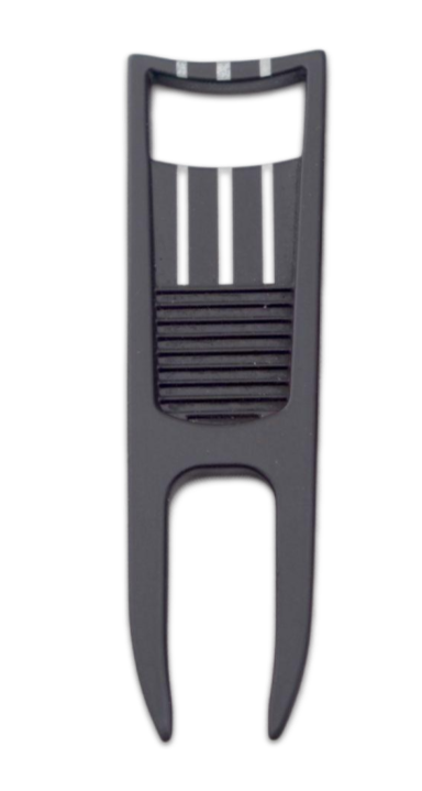 The BYRD DIVOT TOOL - El Diablo by The Byrd, LLC is a black, two-pronged golf accessory with a rectangular top and grooved middle, designed for easy divot repair on the green.