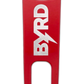 The BYRD DIVOT TOOL - El Diablo by The Byrd, LLC is a red golf accessory with a rectangular handle and two prongs. "BYRD," with a lightning bolt for the Y, is printed vertically in white on the tool.