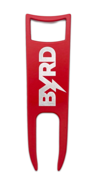 The BYRD DIVOT TOOL - El Diablo by The Byrd, LLC is a red golf accessory with a rectangular handle and two prongs. "BYRD," with a lightning bolt for the Y, is printed vertically in white on the tool.