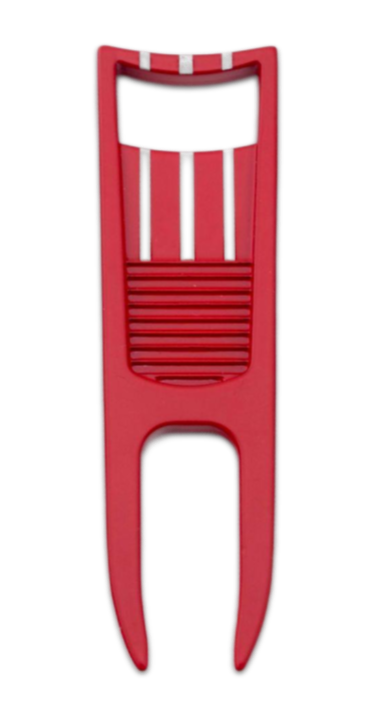 The BYRD DIVOT TOOL - El Diablo by The Byrd, LLC is a red plastic tool with two prongs and a ridged middle, designed to efficiently strip corn kernels from the cob.