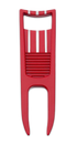 The BYRD DIVOT TOOL - El Diablo by The Byrd, LLC is a red plastic tool with two prongs and a ridged middle, designed to efficiently strip corn kernels from the cob.