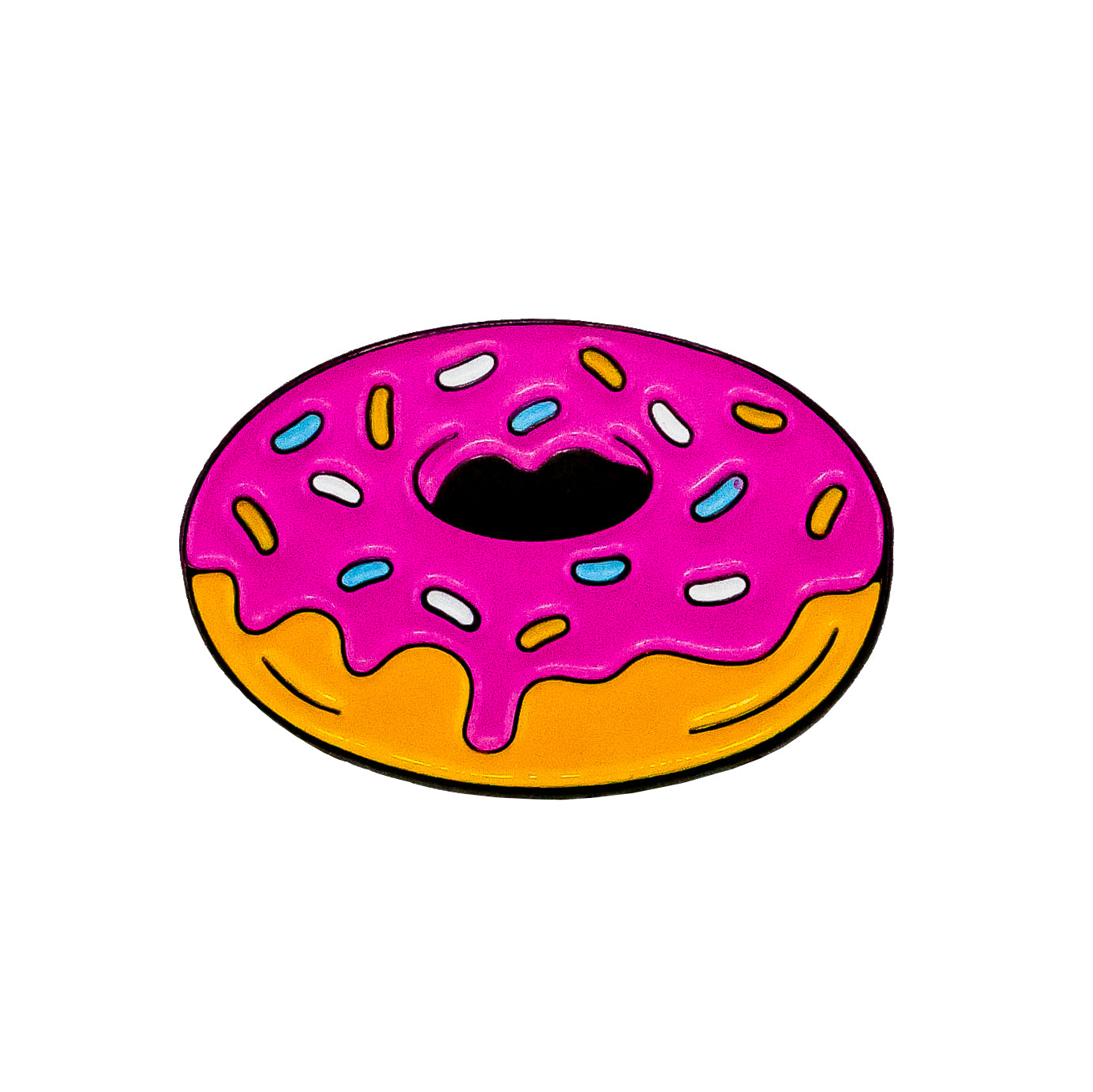 The Pink Frosted Donut Ball Marker by Ballmarkers.com features a cartoon-style donut with bright pink icing and colorful sprinkles, custom cut-to-shape—perfect for golf enthusiasts seeking a fun accessory.