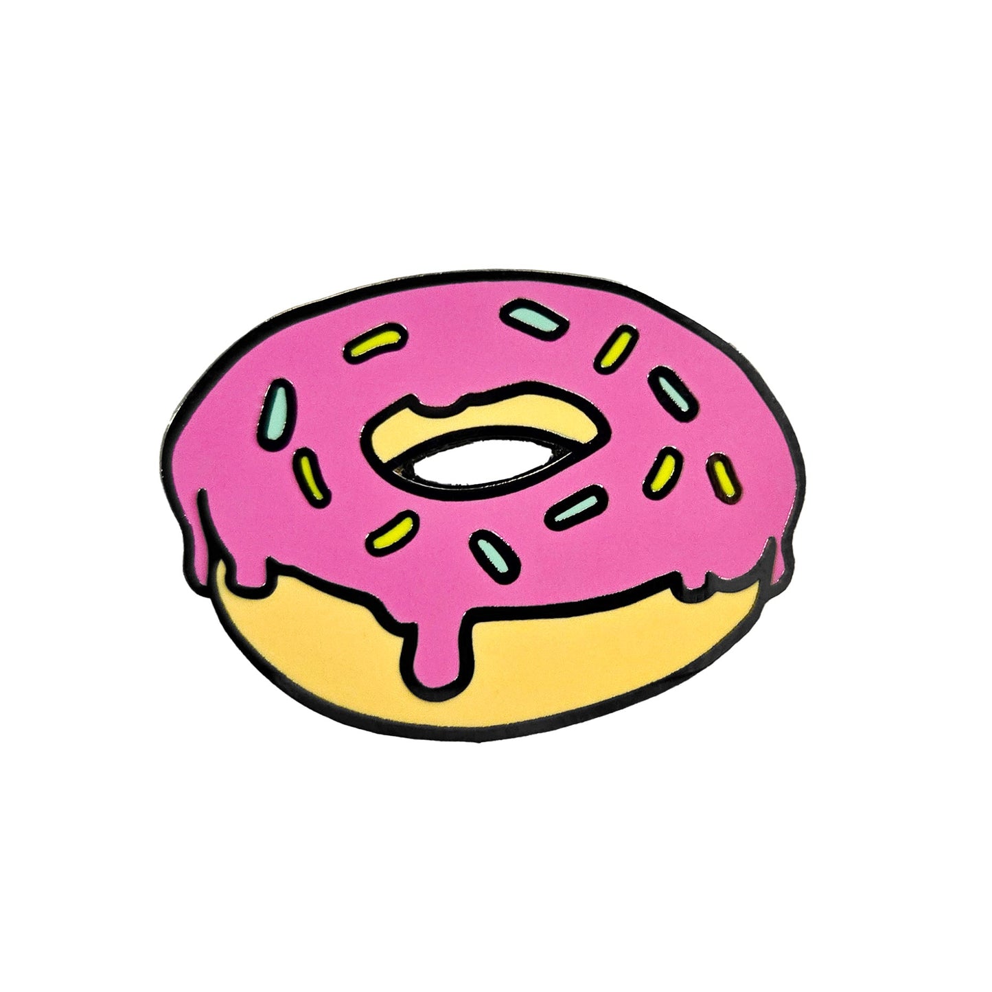 Kolorspun’s Donut Magnetic Golf Ball Marker features a cartoon donut with pink icing and colorful sprinkles on a white background, making it a fun custom golf gift for donut lovers. The icing drips down the sides for extra charm.