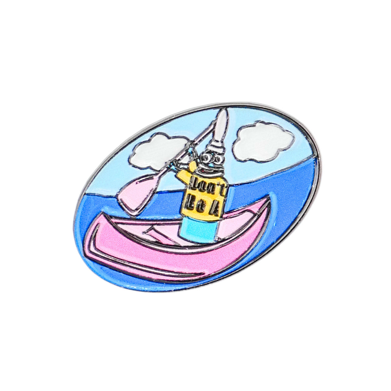 The Douche Canoe enamel pin by Logie Joe's Golf features a robot in a yellow shirt paddling a pink canoe on blue water beneath clouds—an amusing accessory for golf fans.