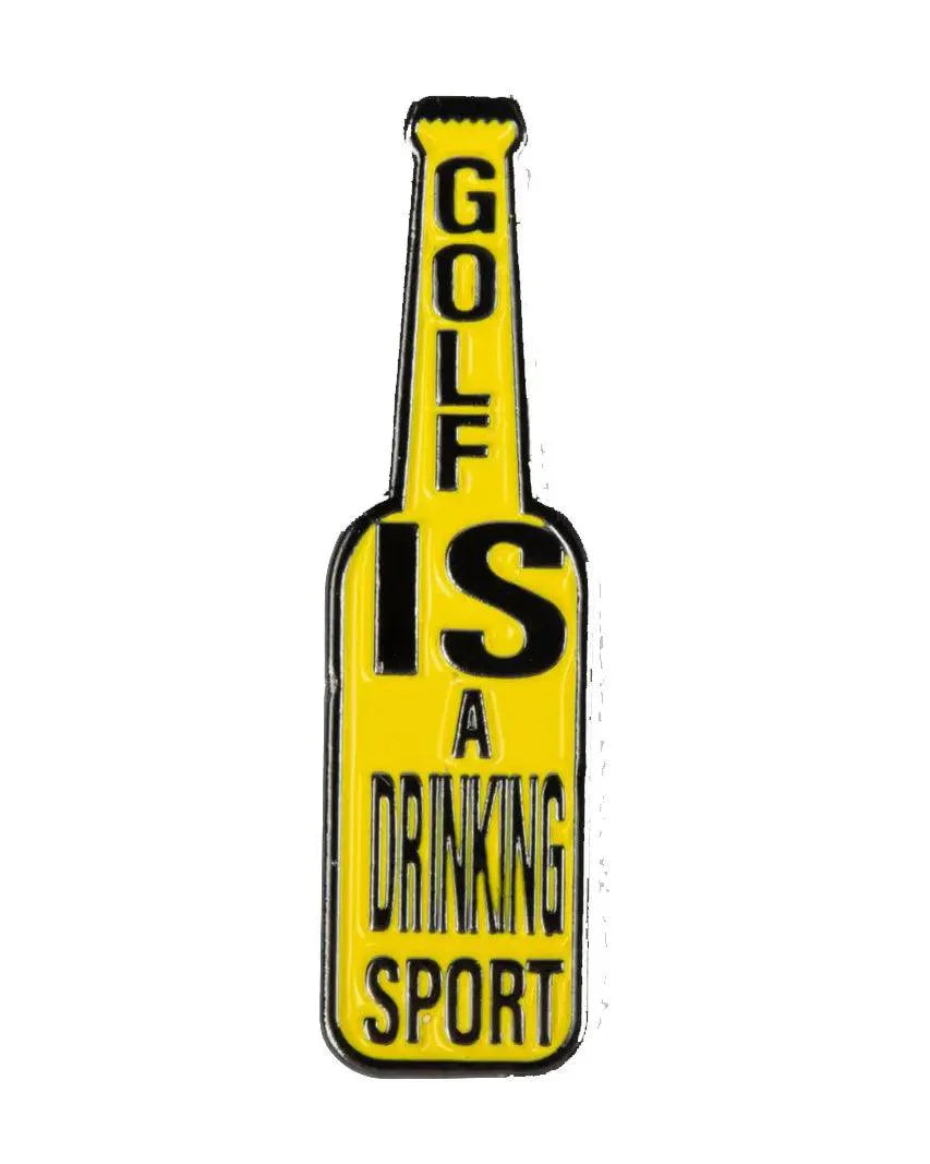 The Grunk Dolfer Drinking Sport Ball Marker features a yellow bottle-shaped design with black "GOLF IS A DRINKING SPORT" text—an ideal golf accessory or unique gift for any golf enthusiast.