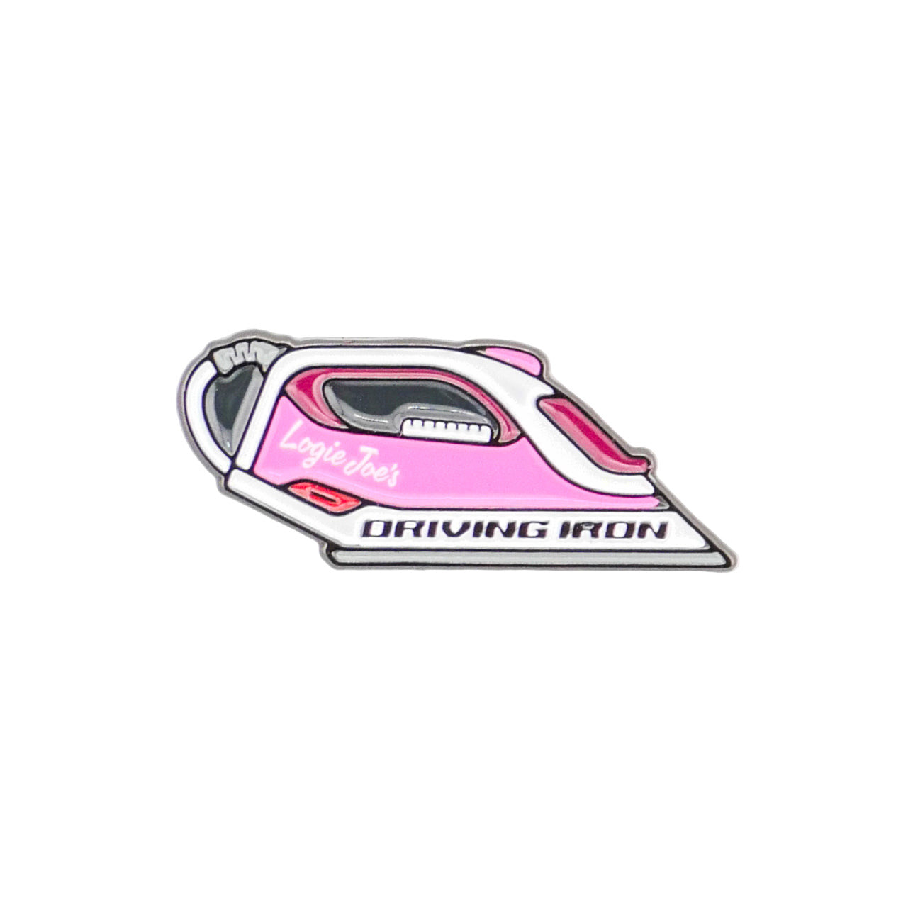 A pink clothes iron illustration with "Logie Joe's Golf" on the side and "Driving Iron" along the base, cleverly fusing a household iron and a golf driving iron, inspired by premium golf accessories.