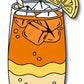 A vibrant glass of Logie Joe's Golf Half and Half Ball Marker features lemonade iced tea layered in orange, yellow, and cream hues, topped with ice, a lemon slice garnish, and served with a yellow-and-white striped straw.