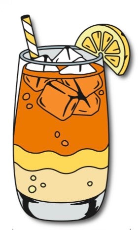 A vibrant glass of Logie Joe's Golf Half and Half Ball Marker features lemonade iced tea layered in orange, yellow, and cream hues, topped with ice, a lemon slice garnish, and served with a yellow-and-white striped straw.
