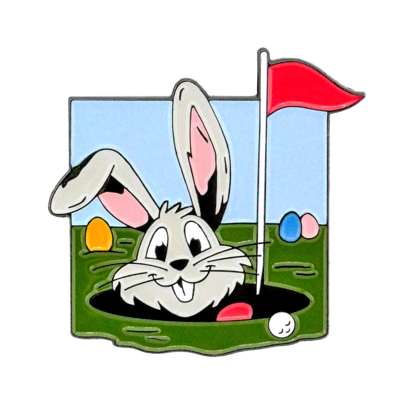 The Easter Bunny Egg Hunt Ball Marker by Ballmarkers.com features a cartoon bunny popping out of a golf hole with a red flag and colorful eggs—making it the perfect Easter golf gift or bunny-themed accessory.