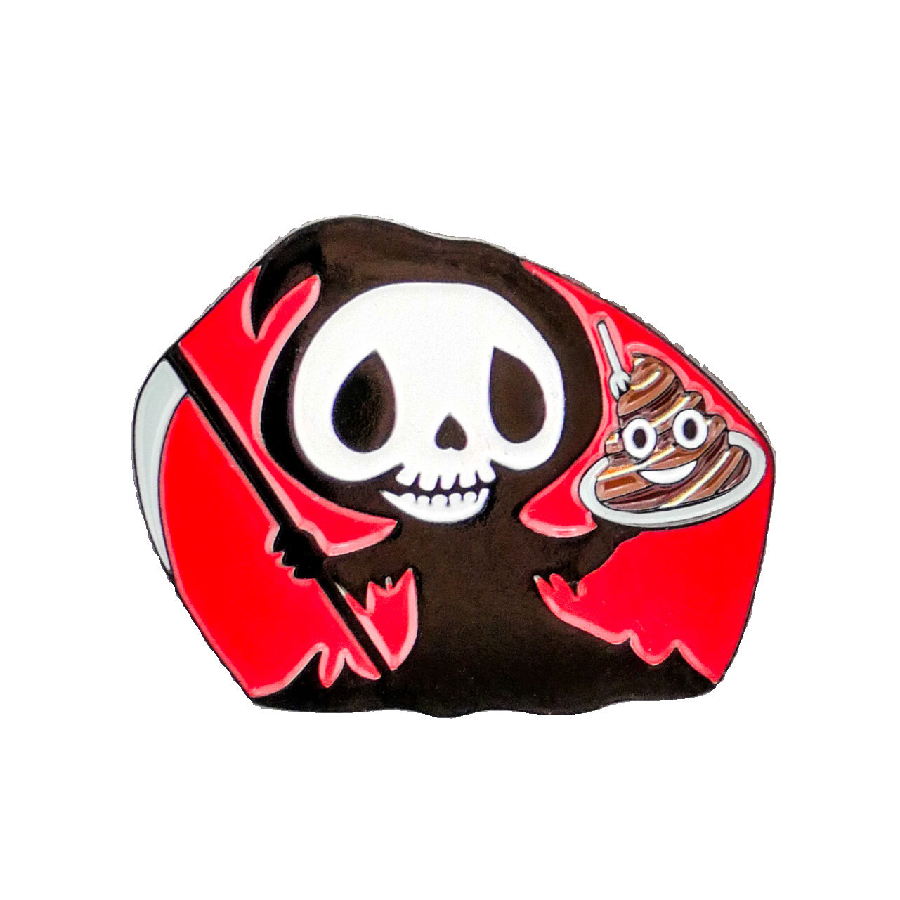 The Eat Sh*t & Die ball marker by Ballmarkers from Logie Joes features a cartoon Grim Reaper in a red cloak holding a scythe and a bowl of smiling ice cream—a funny, premium golf accessory on a white background.