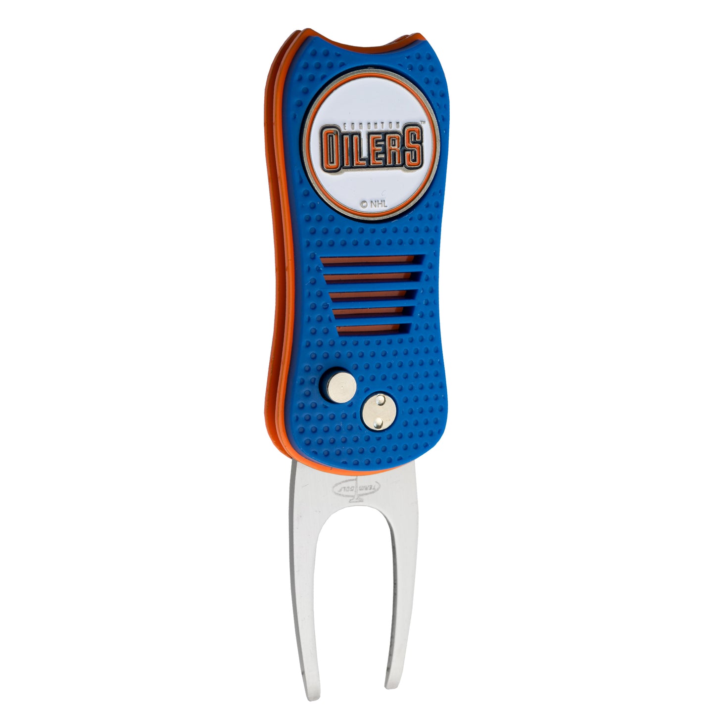 The Ballmarkers.com NHL Switchfix Divot Tool with Ball Marker features a blue and orange Edmonton Oilers design, metal fork, textured grip, team logo on the front, and a handy magnetic ball marker.