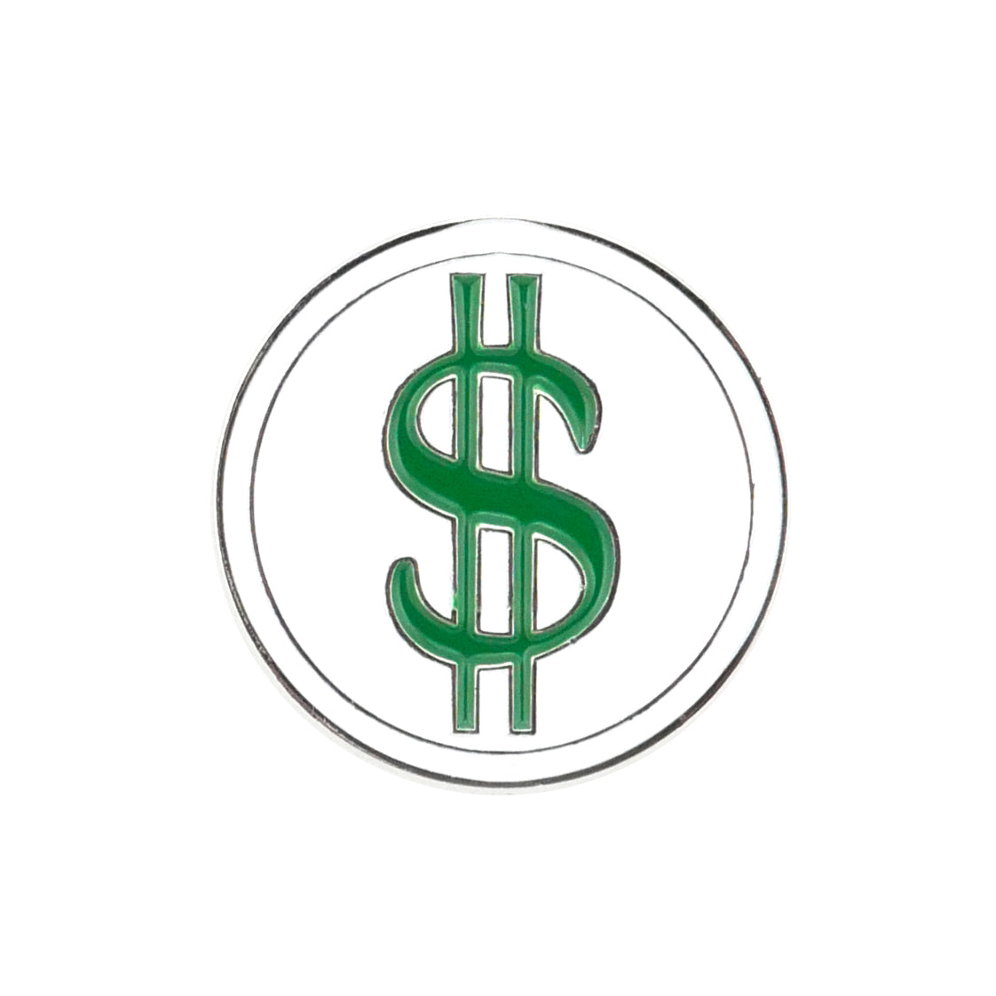 A green dollar sign inside a black-outlined circle on white, the Evergolf Dollar Sign ball marker is crafted from high quality metal—ideal for golf accessory fans.