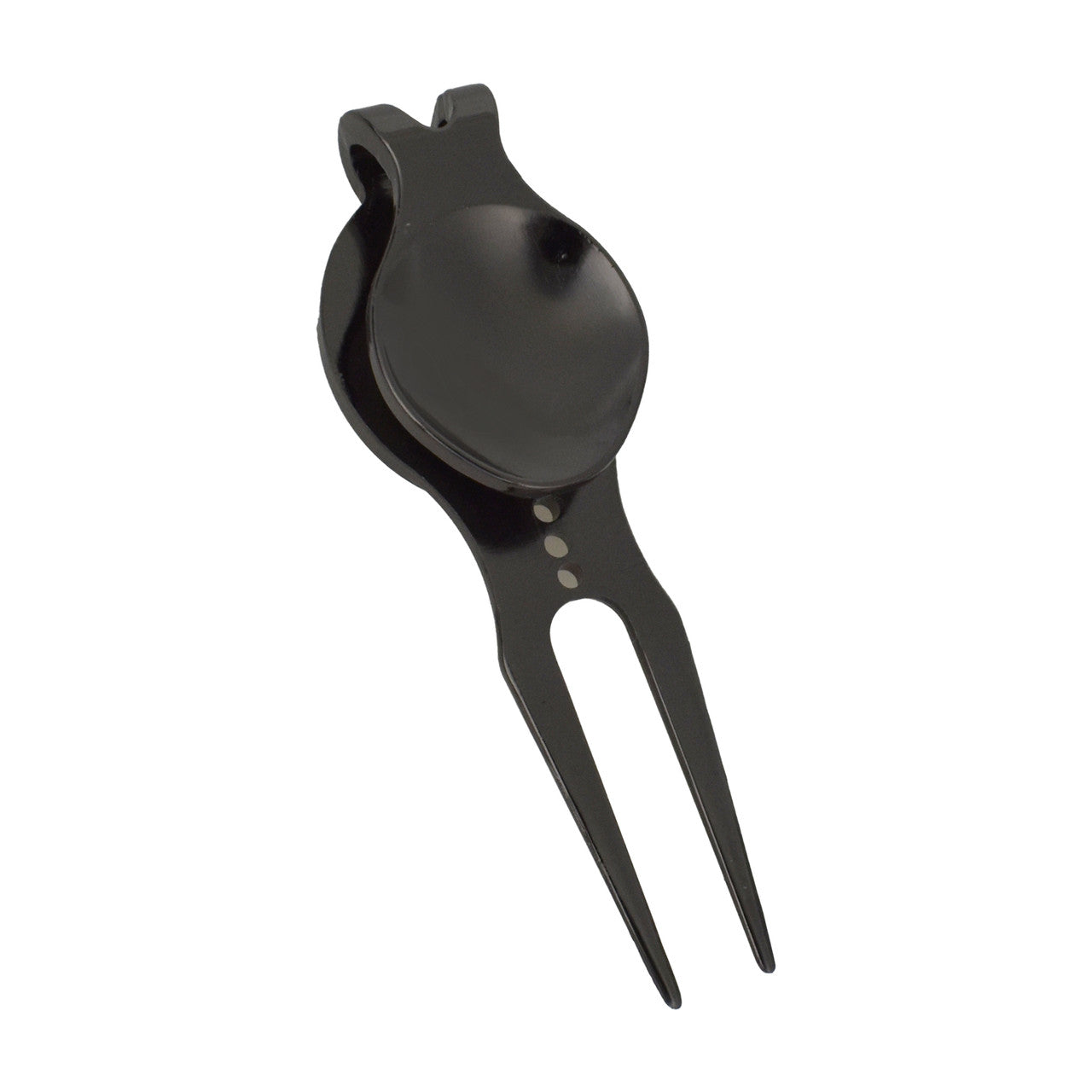 The Evergolf Slick Divot Tool by Evergolf is a sleek black metal golf accessory featuring two prongs and a magnetic ball marker—an essential addition to your golf gear.