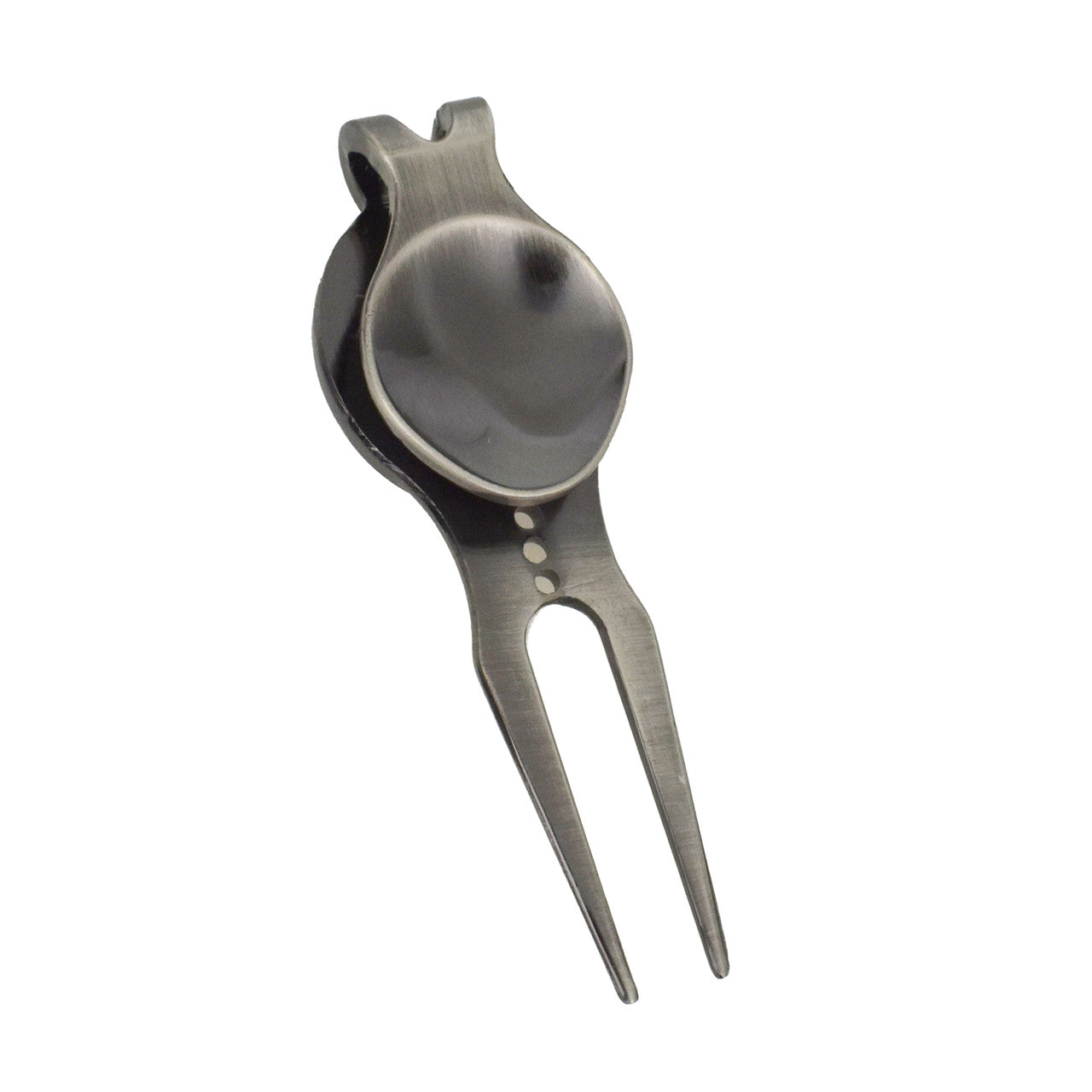 The Evergolf Slick Divot Tool by Evergolf features a durable metallic two-prong design and a circular magnetic ball marker—an essential for any golfer’s accessories.