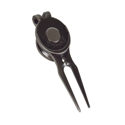 The Evergolf Slick Divot Tool by Evergolf is a black metal repair tool with a circular magnetic ball marker on top—an essential golf accessory for maintaining pristine greens.