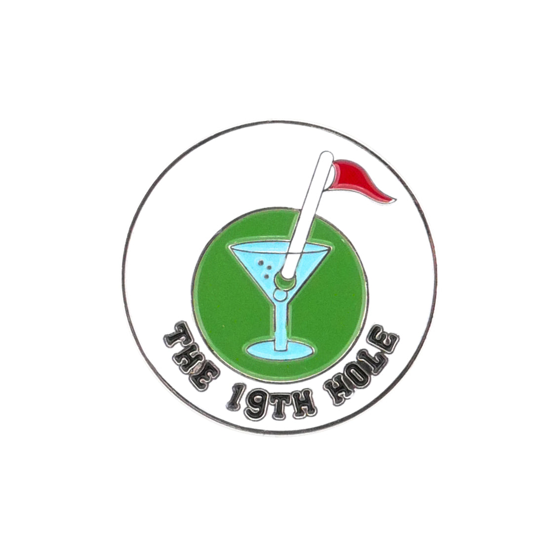 The Evergolf 19th Hole Ball Marker is a circular metal badge with a martini glass holding a golf tee and red flag on a green background, featuring "THE 19TH HOLE" in stylish text below the glass.
