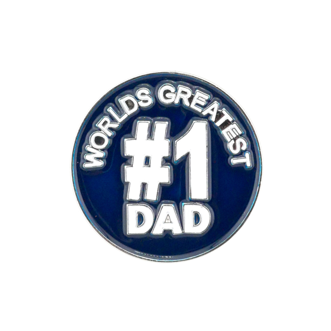 The Evergolf Worlds Greatest #1 Dad ball marker is round, blue, and made from high-quality metal with white "WORLDS GREATEST #1 DAD" text—an ideal gift to elevate any golf game.