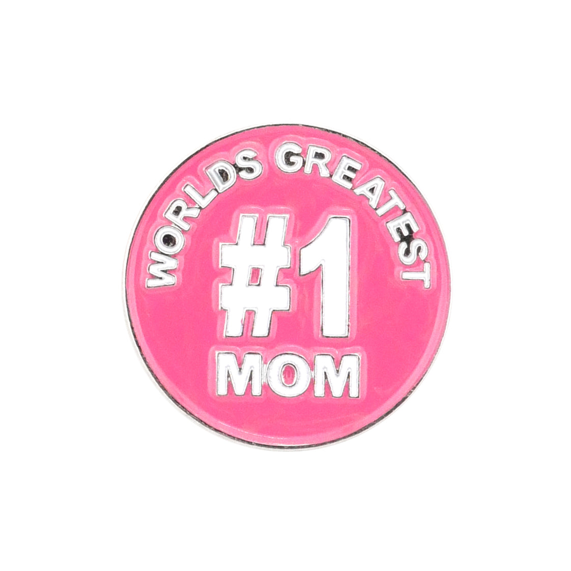 The Evergolf Worlds Greatest #1 Mom badge is a pink circular metal golf marker with white text—an ideal accessory for any golfer looking to celebrate their mom on the course.