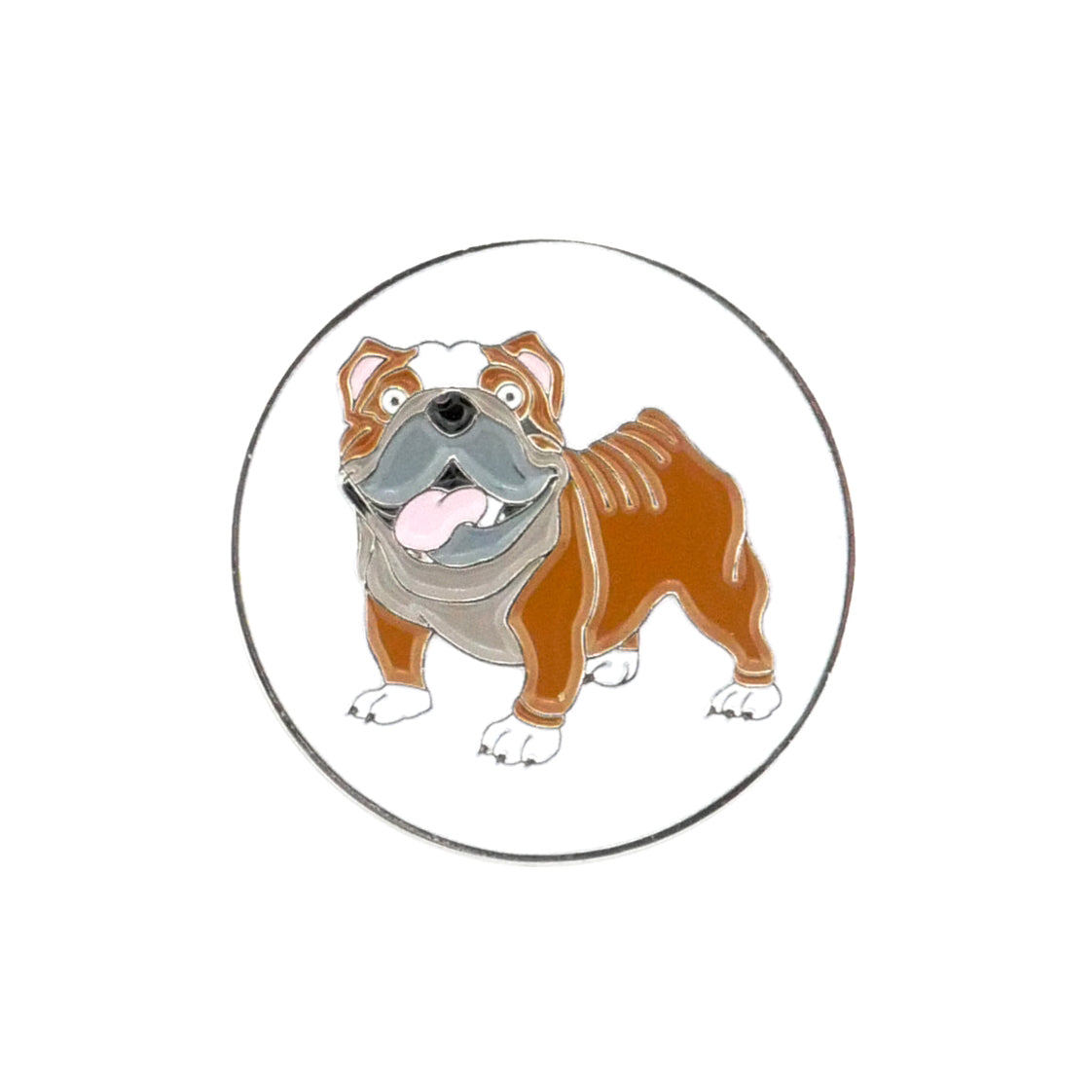 The Evergolf Bulldog enamel pin is a circular, high-quality metal accessory featuring a cartoon brown and white bulldog with its tongue out on a white background—ideal as a unique golf ball marker.