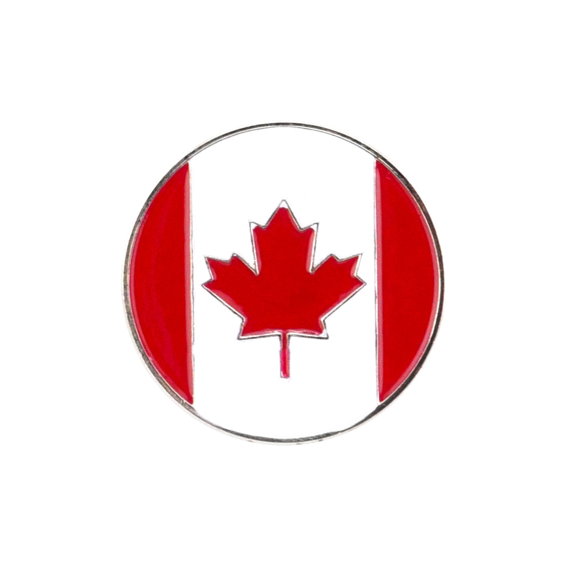 The Evergolf Canada Flag is a circular metal pin with a red maple leaf and two vertical red stripes on white, ideal as a stylish golf ball marker for enthusiasts.